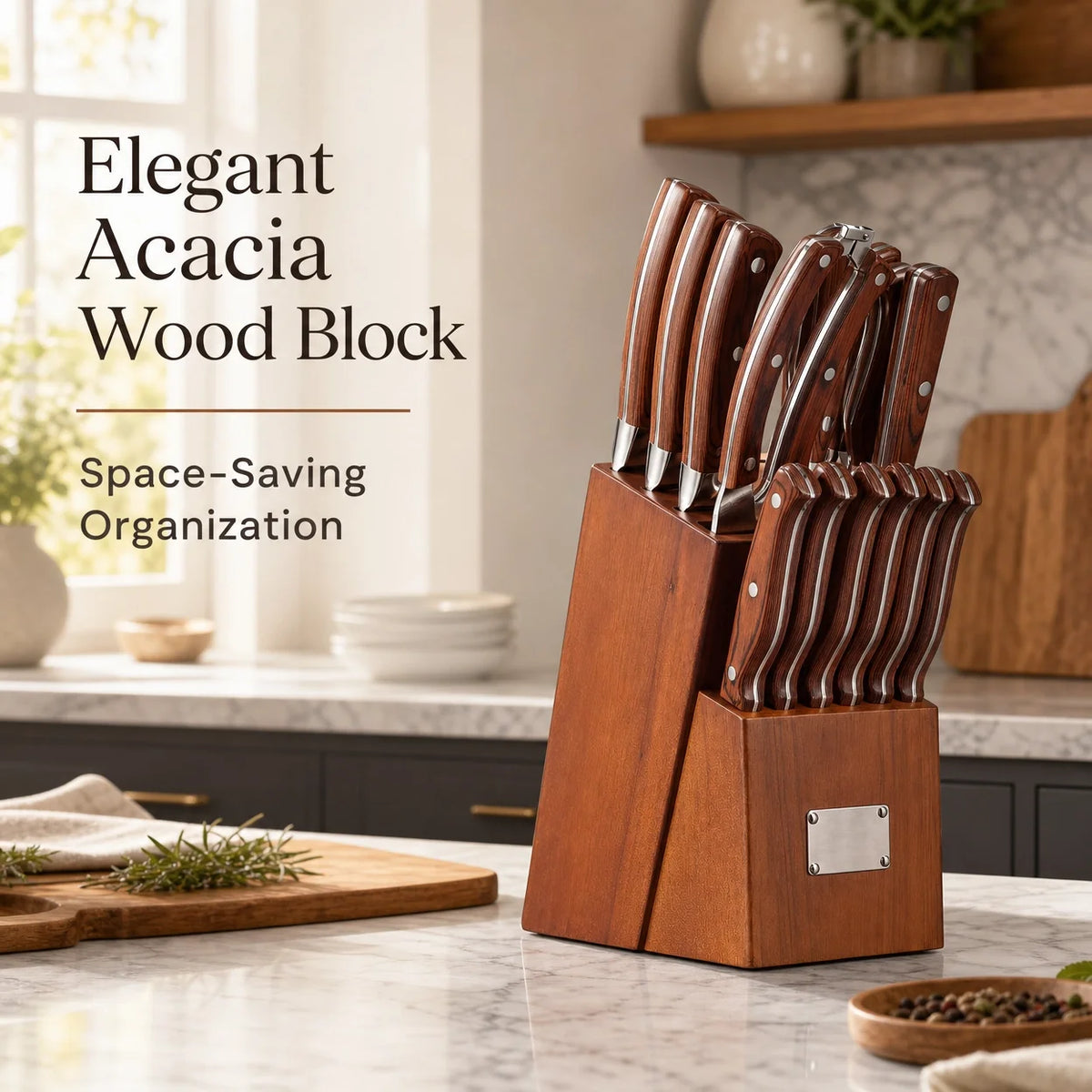 Kitchen Knife Set With Sharpener And Wooden Storage Block