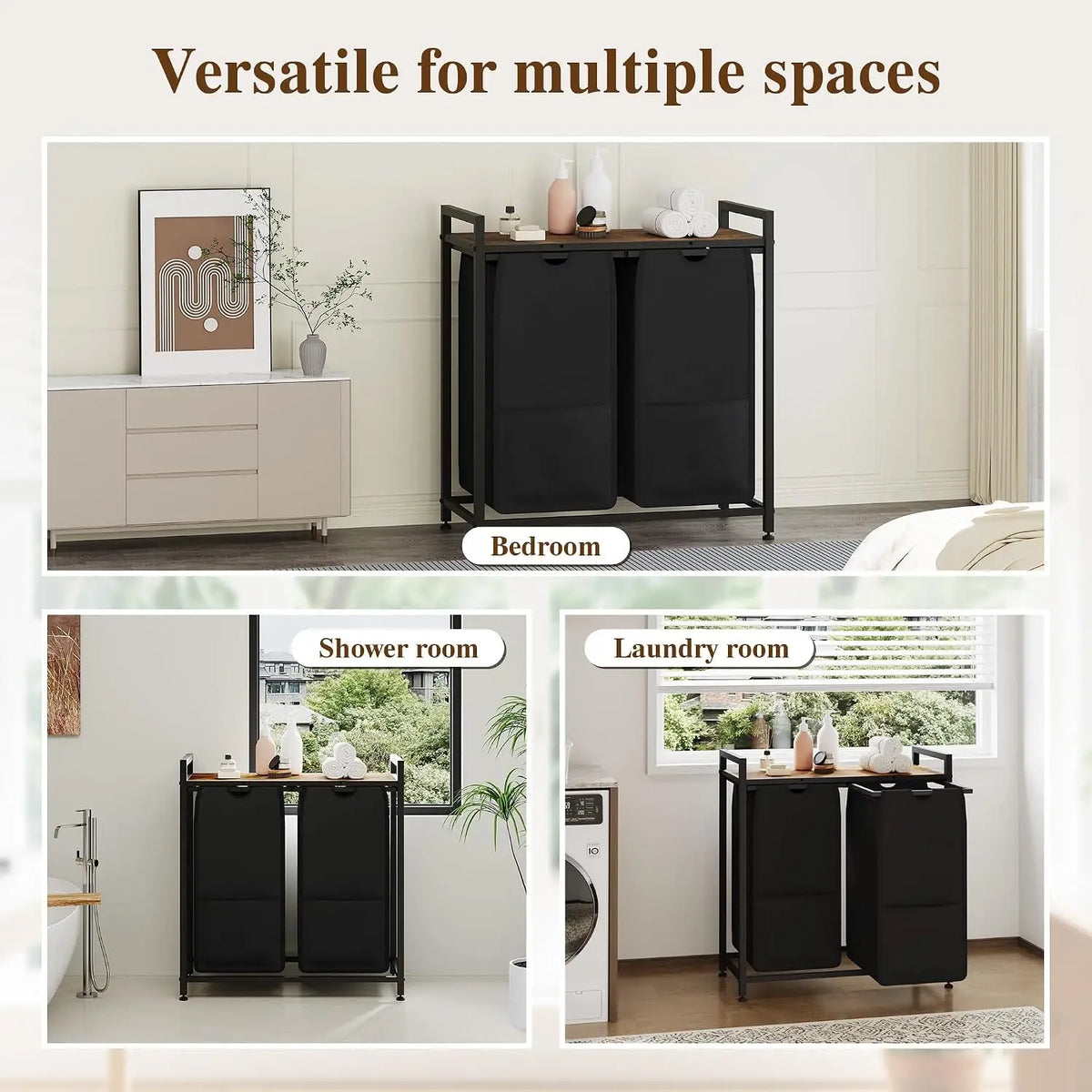 Laundry Sorter 2 Section, Laundry Hamper with Shelf, 97L Laundry Basket with Shelf, Removable Bags, Pockets, for Laundry Room, Bathroom & Bedroom, Rustic Brown and Black