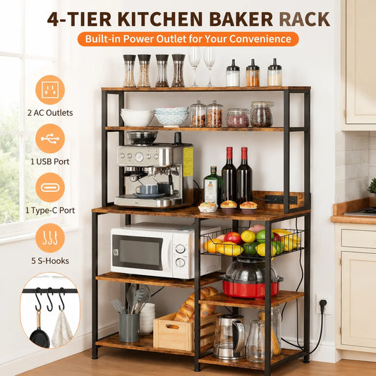 Industrial Steel Kitchen Baker Rack With Power Outlet