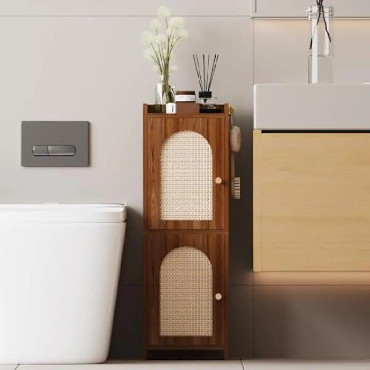 Rattan Clad Compact Bathroom Cabinet With Dual Doors