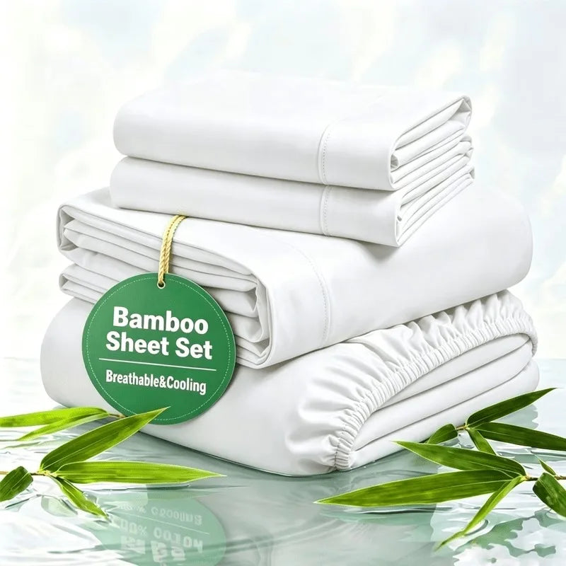 Cooling Bamboo Rayon Bed Sheet Set for Hot Sleepers, 2200 Thread Count Ultra Soft Silky Moisture Wicking Bedding Set, Deep Pocket Fitted Sheet Wrinkle & Fade Resistant Sheets with Pillowcases, Multiple Colors, Available in Tw