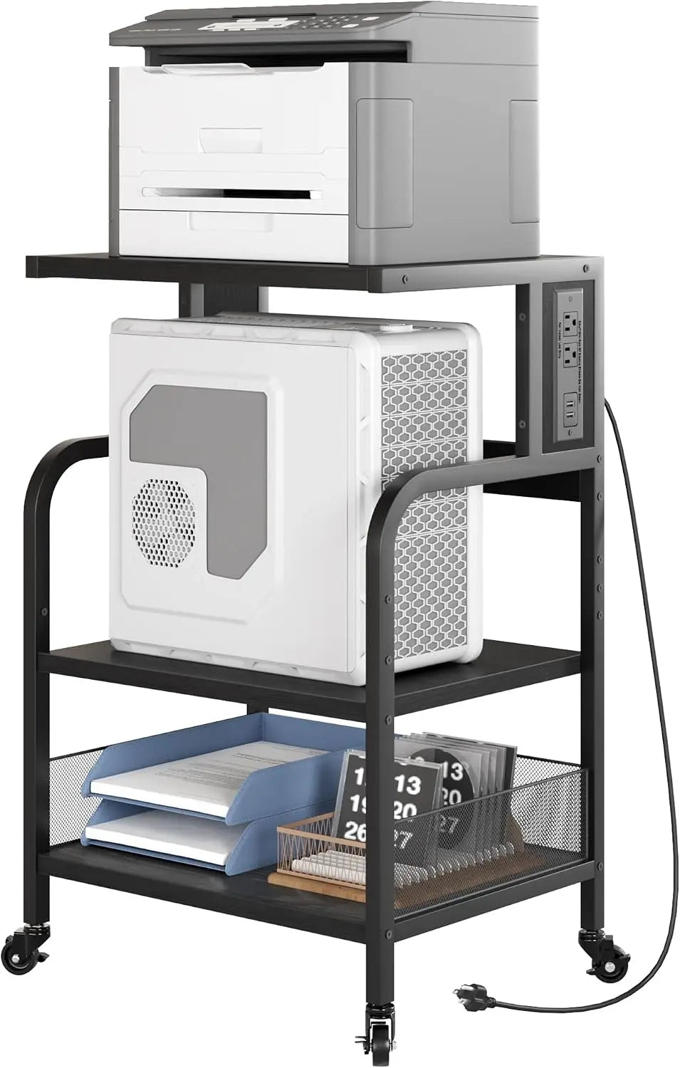 3-Tier Mobile CPU Stand Printer Shelf Removable Adjustable Storage Shelf with Rolling For Desktop Computer Tower Printer Strong Load Capacity