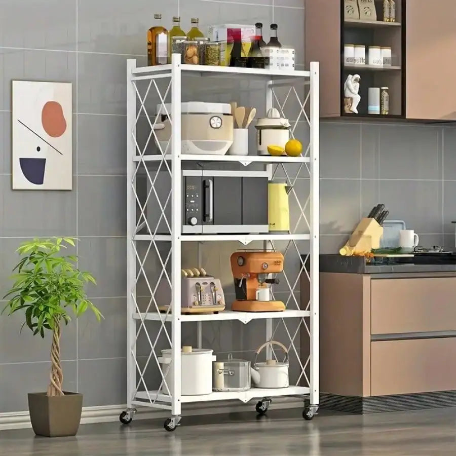 5 Tier Foldable Metal Storage Rack Modern Black Heavy Duty Rolling Utility Shelving Unit Lockable Wheels Collapsible Metal Mesh Bookcase Stand For Garage Kitchen Living Room Office Housewarming Gift