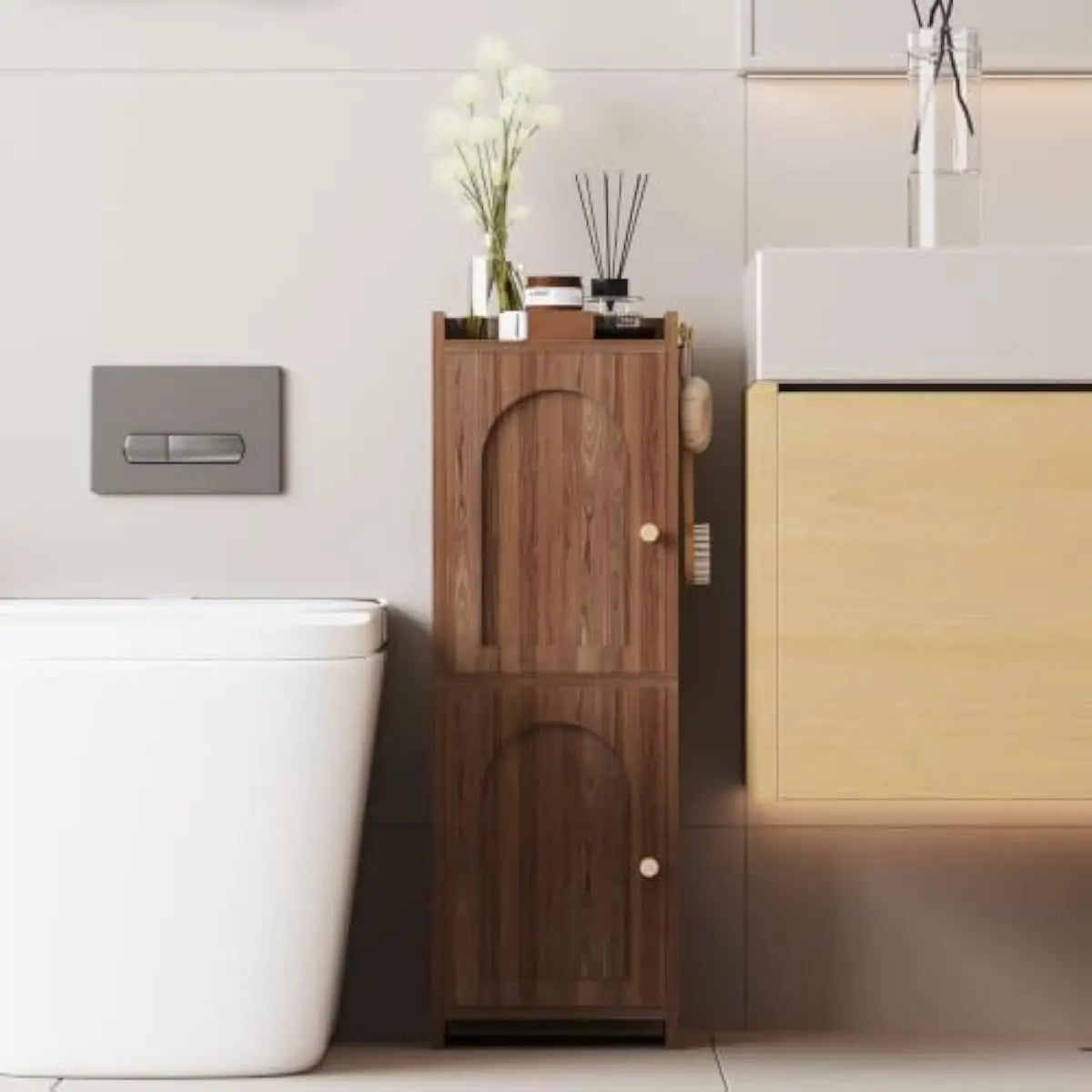 Rattan Clad Compact Bathroom Cabinet With Dual Doors