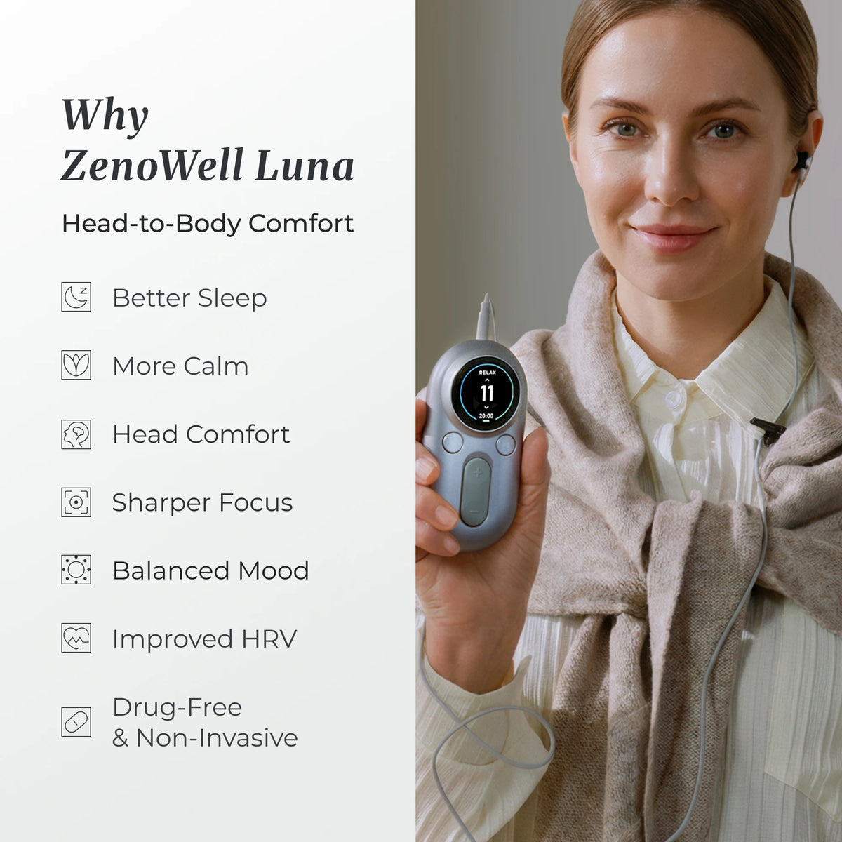 ZenoWell Luna Vagus Nerve Stimulation for Non-Drug Sleep Aid Anxiety Relief and Parasympathetic Activation for Relaxation