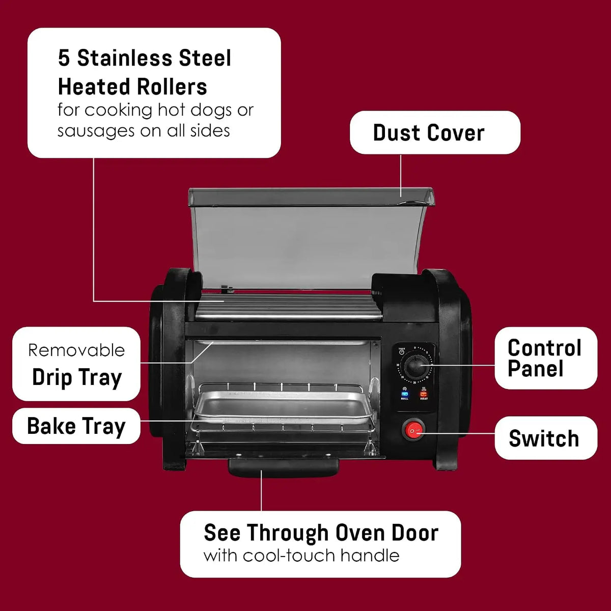 Five Roller Hot Dog Toaster Oven Stainless Steel Timer