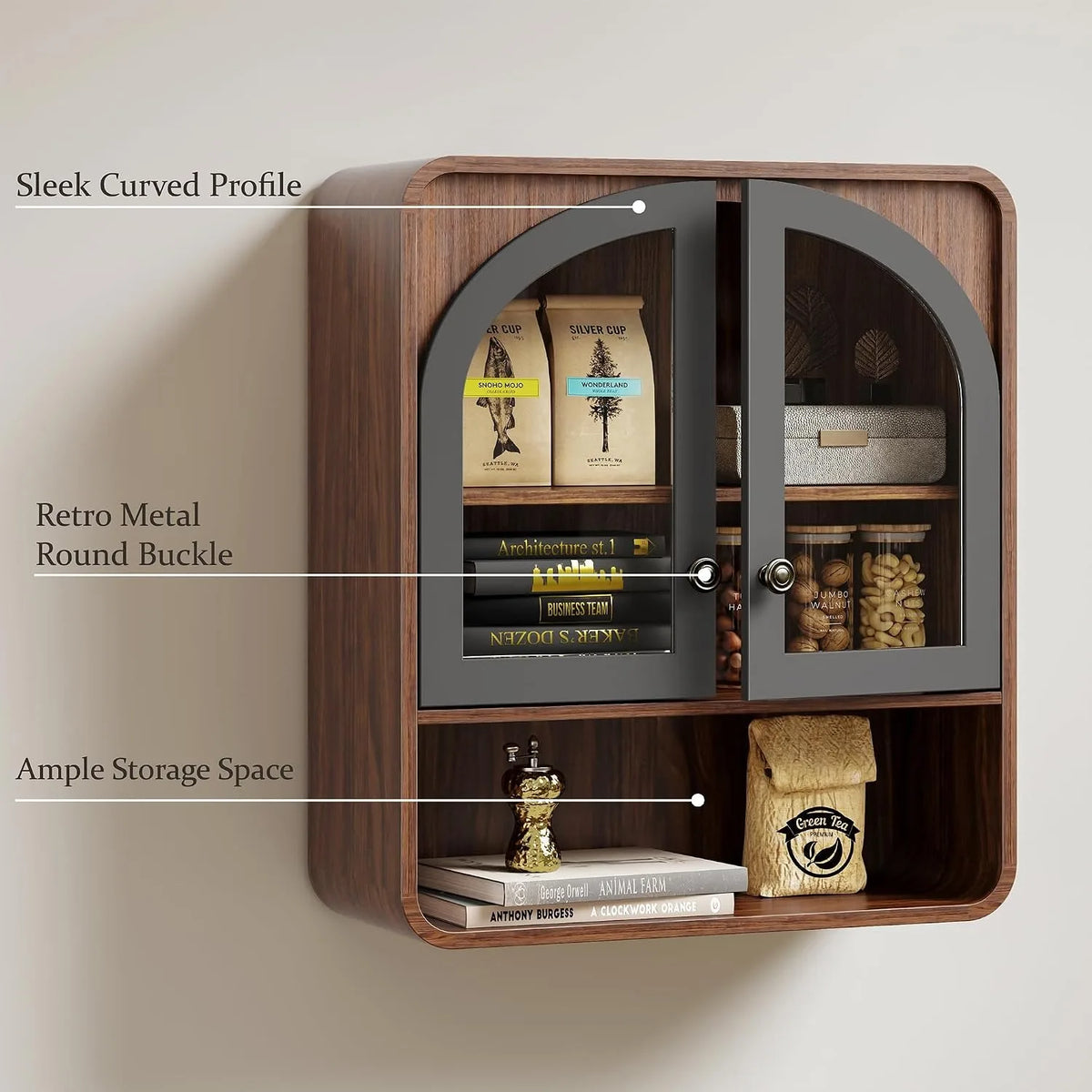 Bathroom Wall Cabinet, Medicine Cabinet Wall Mount with Arched Glass Doors & Adjustable Shelf, Bathroom Cabinet Over the Toilet Storage Cabinet for Laundry Room, Kitchen, Living Room