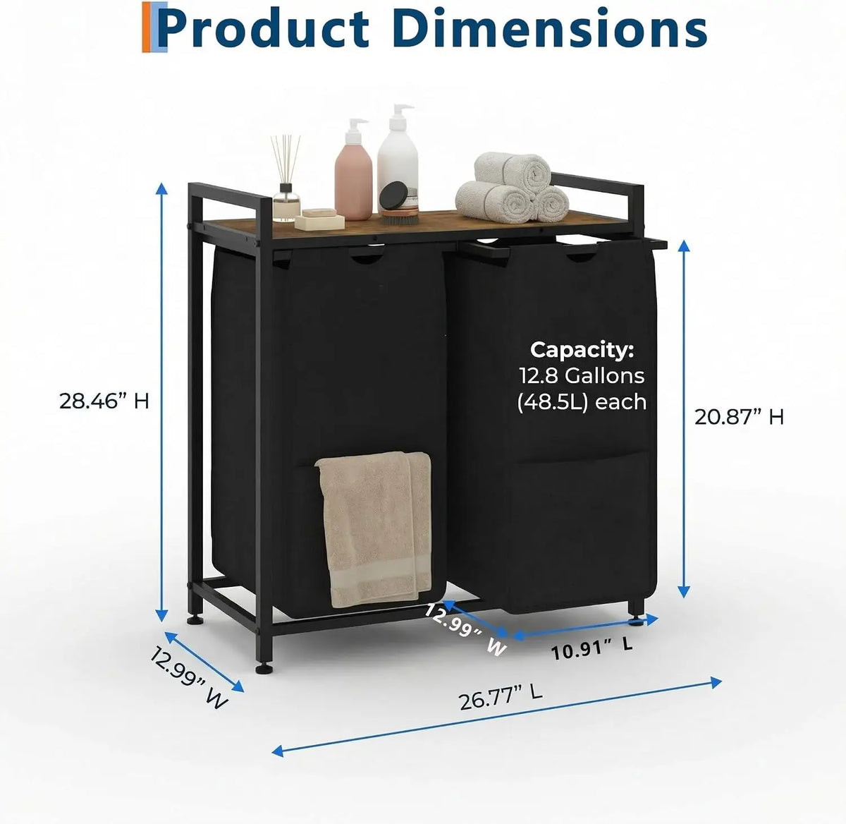 Laundry Sorter 2 Section, Laundry Hamper with Shelf, 97L Laundry Basket with Shelf, Removable Bags, Pockets, for Laundry Room, Bathroom & Bedroom, Rustic Brown and Black