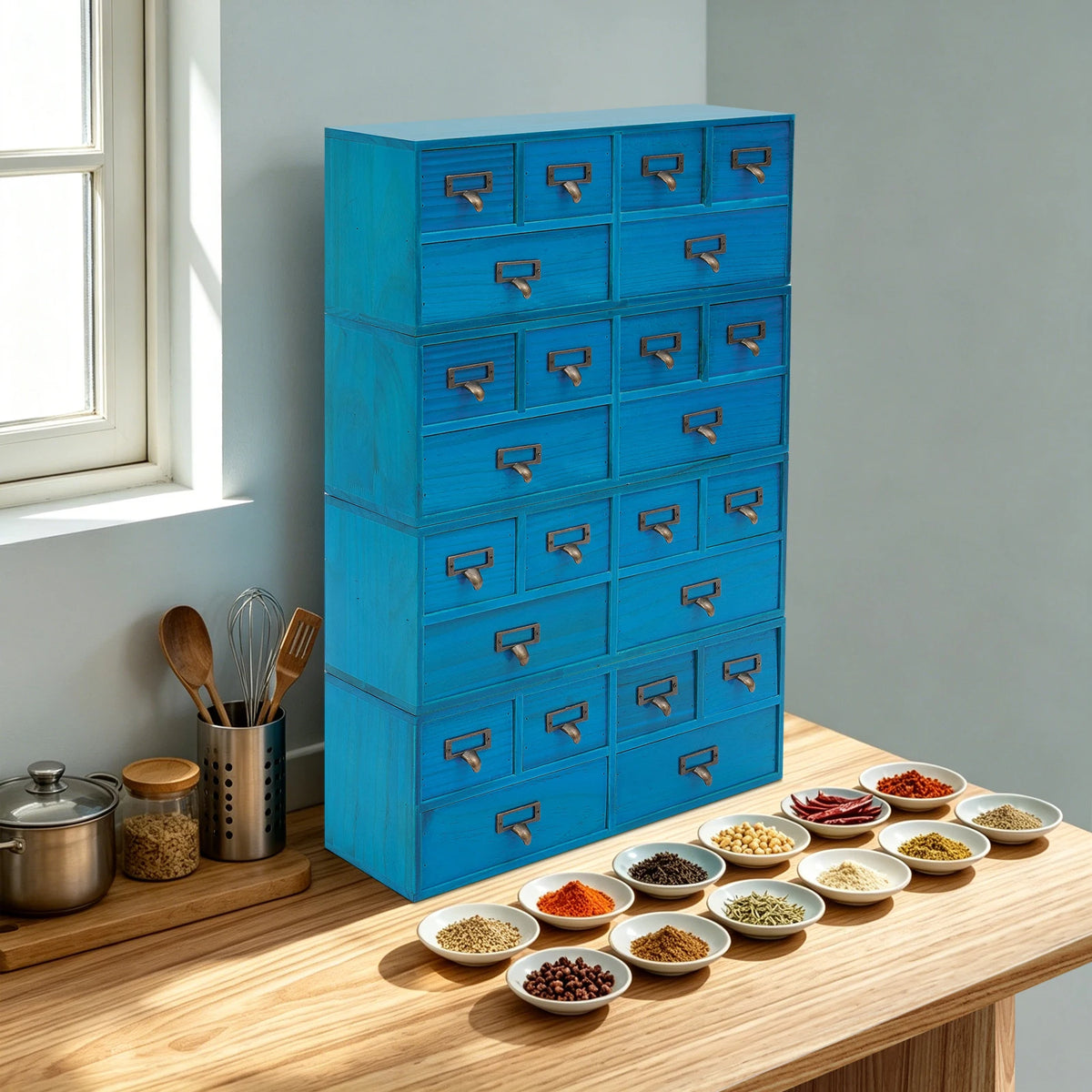 Wood Steel 6 Drawer Storage Box Organization Station, Blue Desk Organizer for Office Home Kitchen Supplies