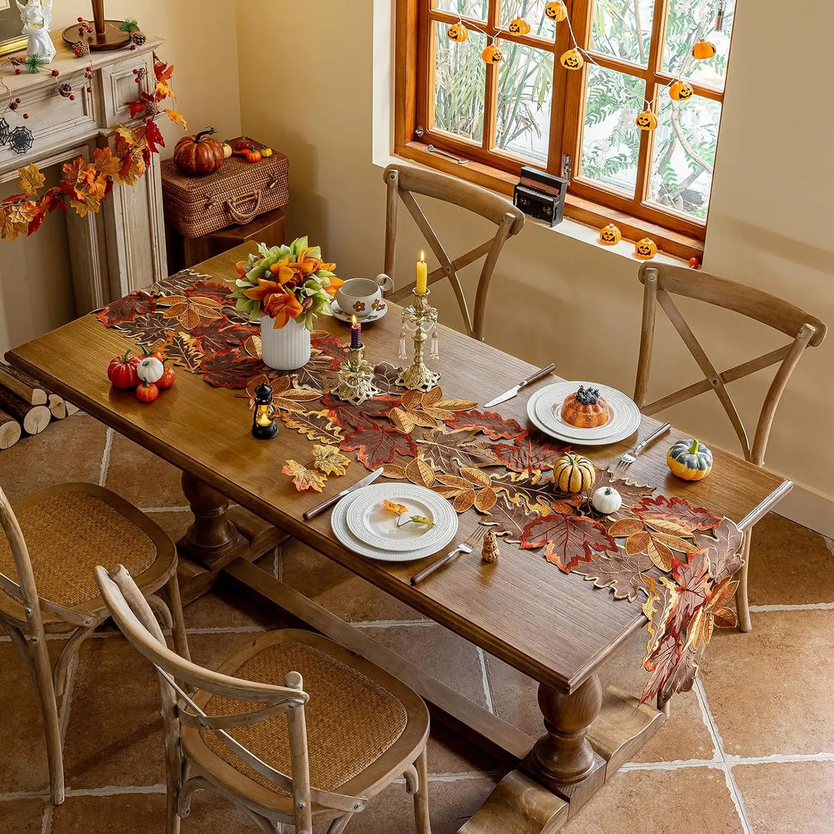 Thanksgiving Fall Embroidered Maple Leaf Table Runner