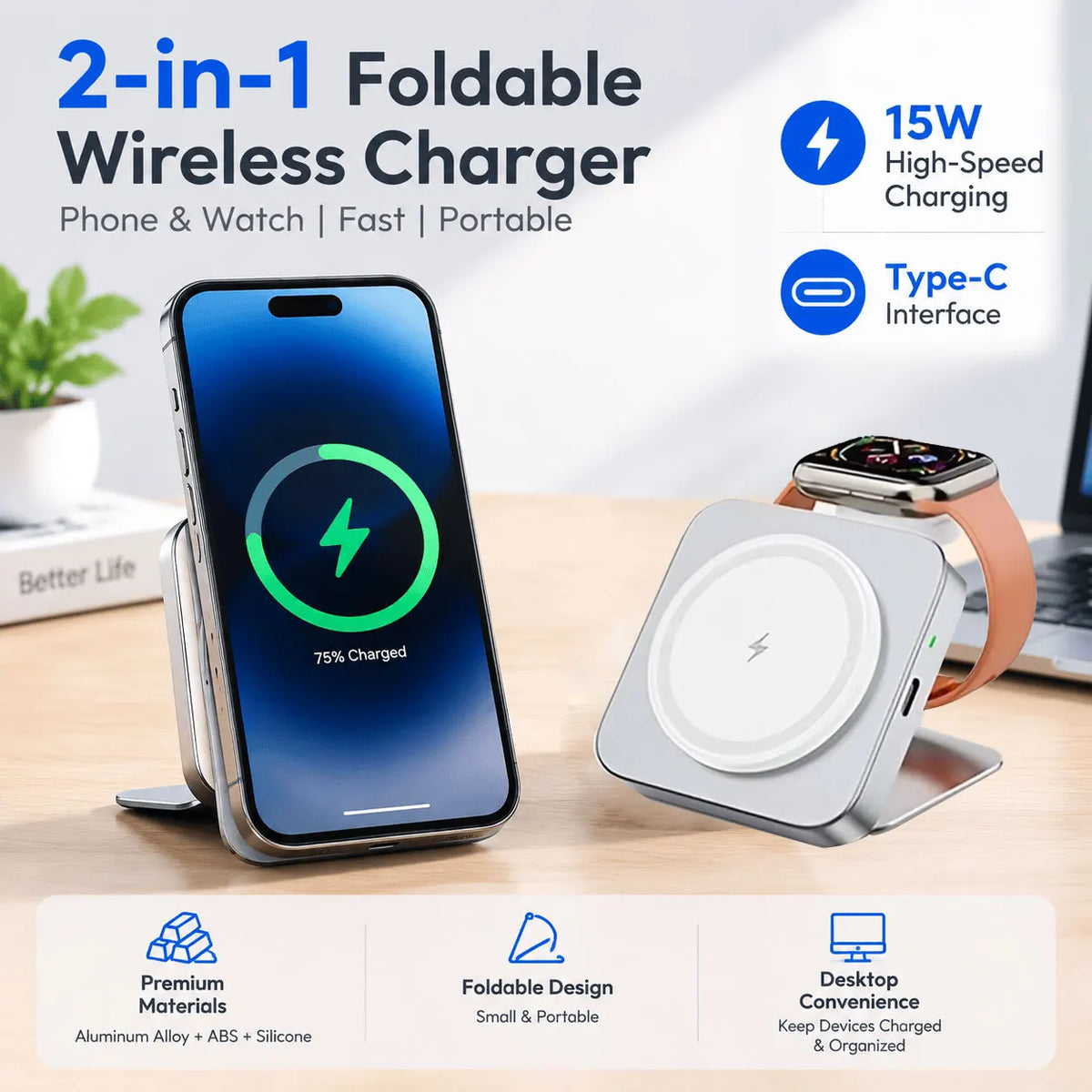 STONEGO Foldable Magnetic Wireless Charger and Phone Stand