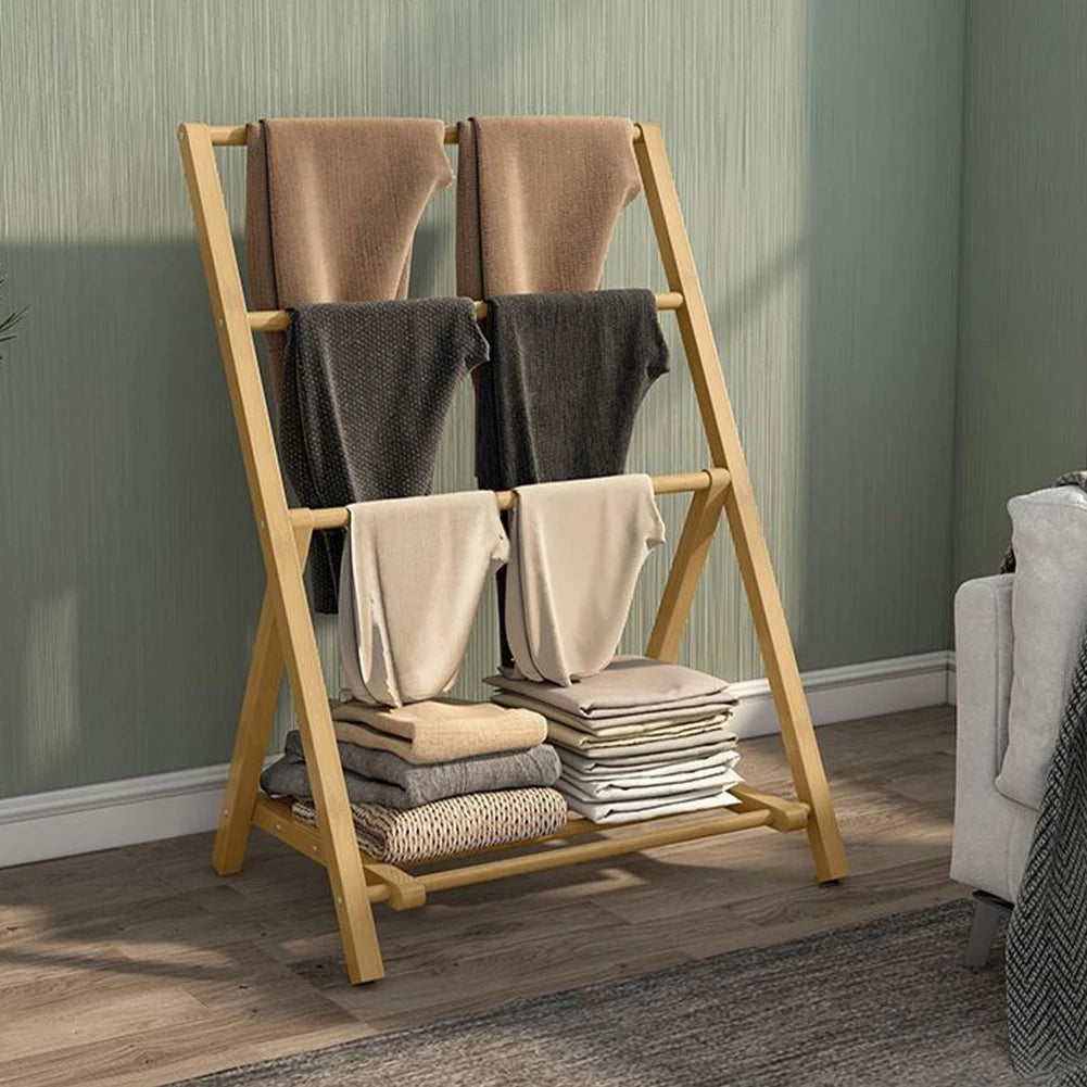 Bamboo Floor Towel Rack with Storage Shelf Freestanding Wood Hangers Towel Holder Organizer for Shower Bathtub Swimming Pool