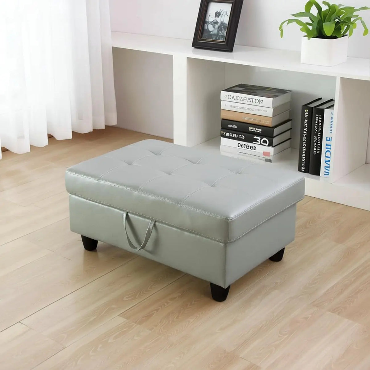 Square Leather Storage Ottoman Bench With Cushioned Seat And Footrest