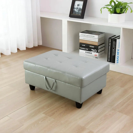 Square Leather Storage Ottoman Bench With Cushioned Seat And Footrest