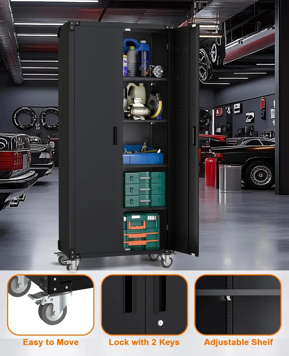 Heavy-Duty Metal Storage Cabinet with Wheels 72Inch Lockable Garage Cabinet with 4 Adjustable Shelves & Pegboard 600 lb Capacity, Magnetic Lock for Home, Garage, Office