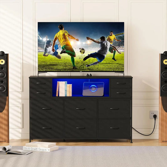 10 Fabric Drawers Dresser, TV Stand with USB Ports & LED Lights, Brown | 256-Color RGB LED, App & Remote Control, Music-Sync Mode, 2 AC Outlets & 2 USB Ports, 45.1"W Wood Top, Anti-Tip Wall Strap