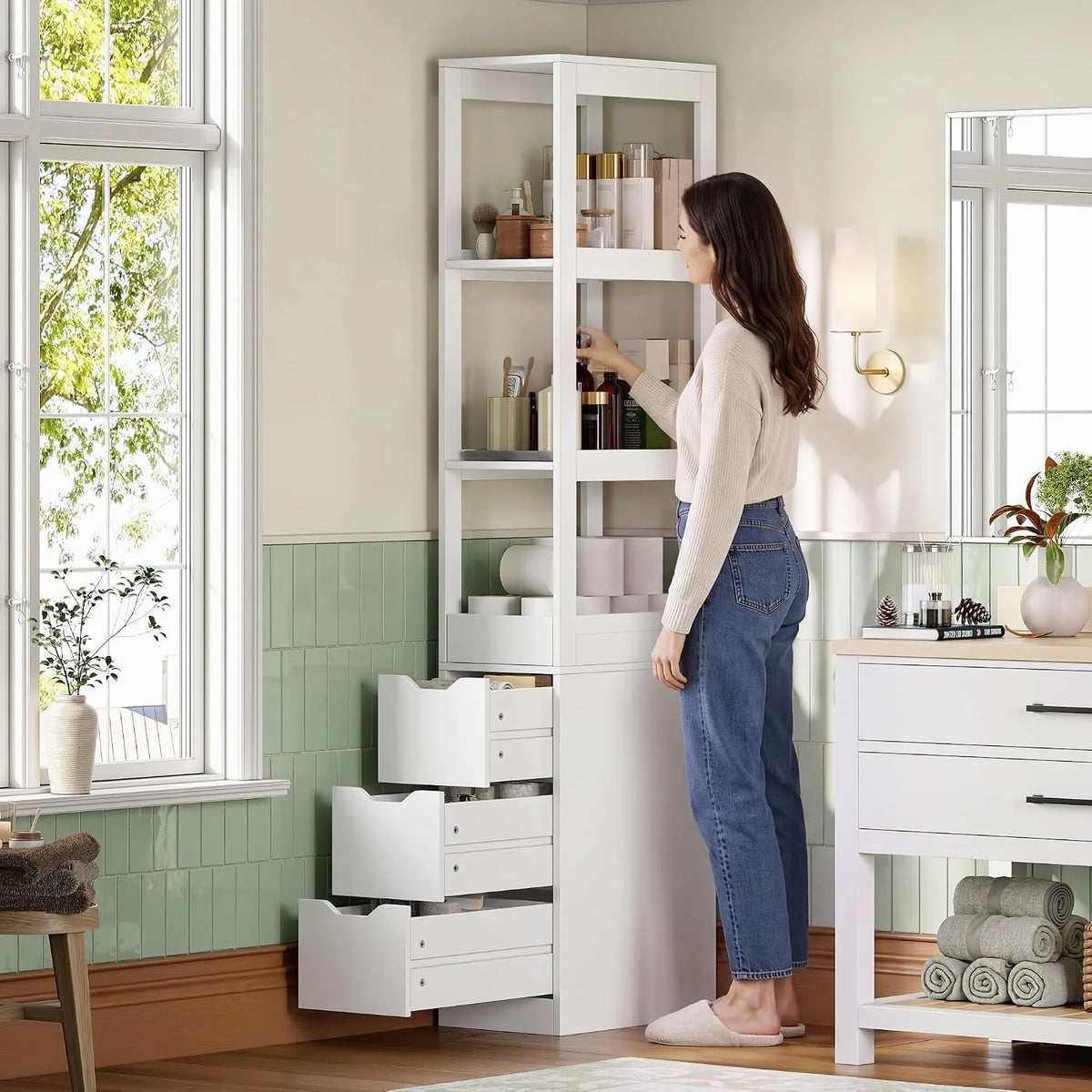 Slim Bathroom Storage Cabinet With Shelves And Drawers