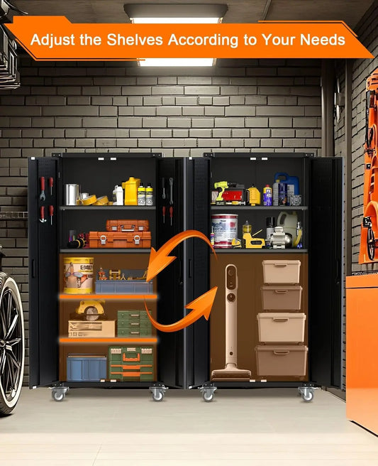 Heavy-Duty Metal Storage Cabinet with Wheels 72Inch Lockable Garage Cabinet with 4 Adjustable Shelves & Pegboard 600 lb Capacity, Magnetic Lock for Home, Garage, Office