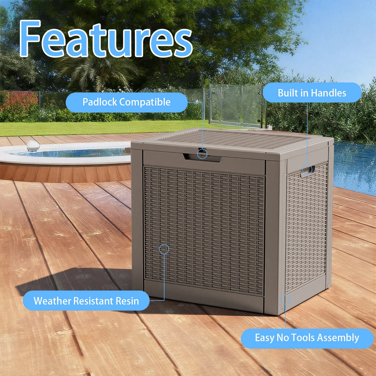 30 GAL Outdoor Deck Storage Box, Wicker Pattern Resin Patio Bin for Small Tools & Accessories