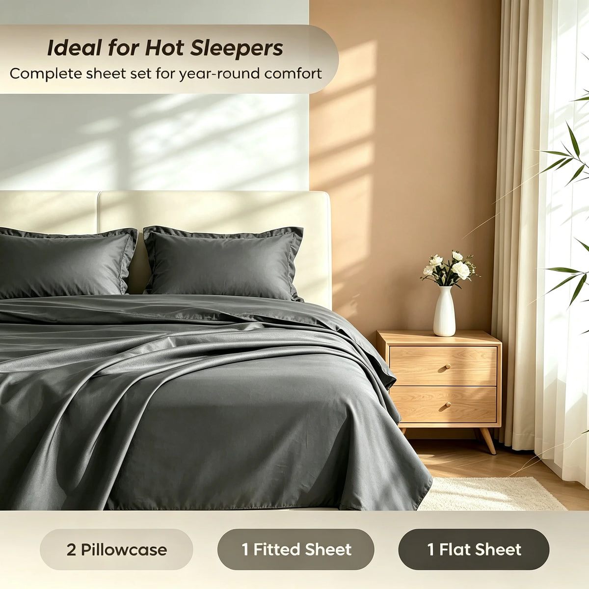 Cooling Bamboo Rayon Bed Sheet Set for Hot Sleepers, 2200 Thread Count Ultra Soft Silky Moisture Wicking Bedding Set, Deep Pocket Fitted Sheet Wrinkle & Fade Resistant Sheets with Pillowcases, Multiple Colors, Available in Tw