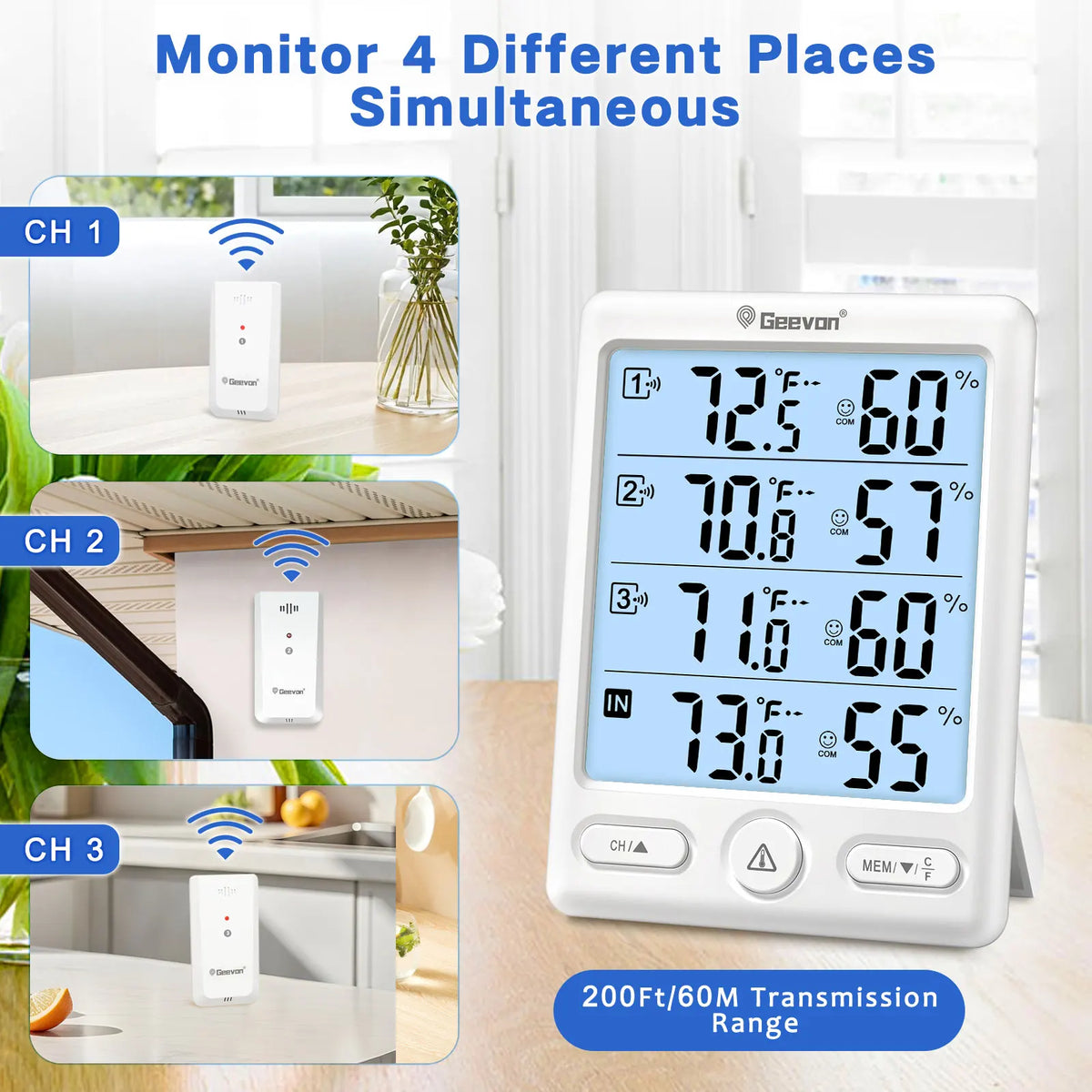 Geevon Wireless Indoor Outdoor Thermometer With Three Remote Sensors