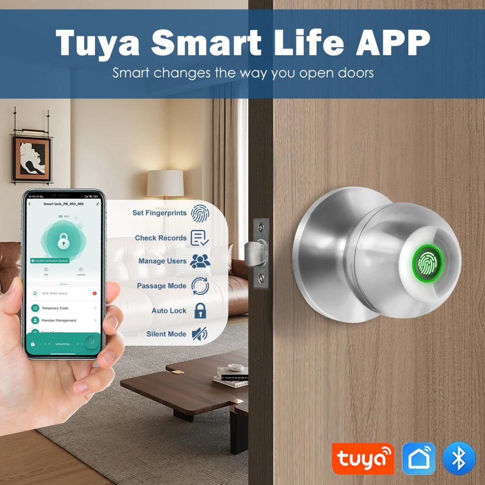 YFK TUYA Smart Life Fingerprint Door Lock Knob, Keyless Entry Bluetooth Electronic Door Lock with Tuya APP Control Password Key Unlock Auto Lock for Home Bedroom Office Hotel