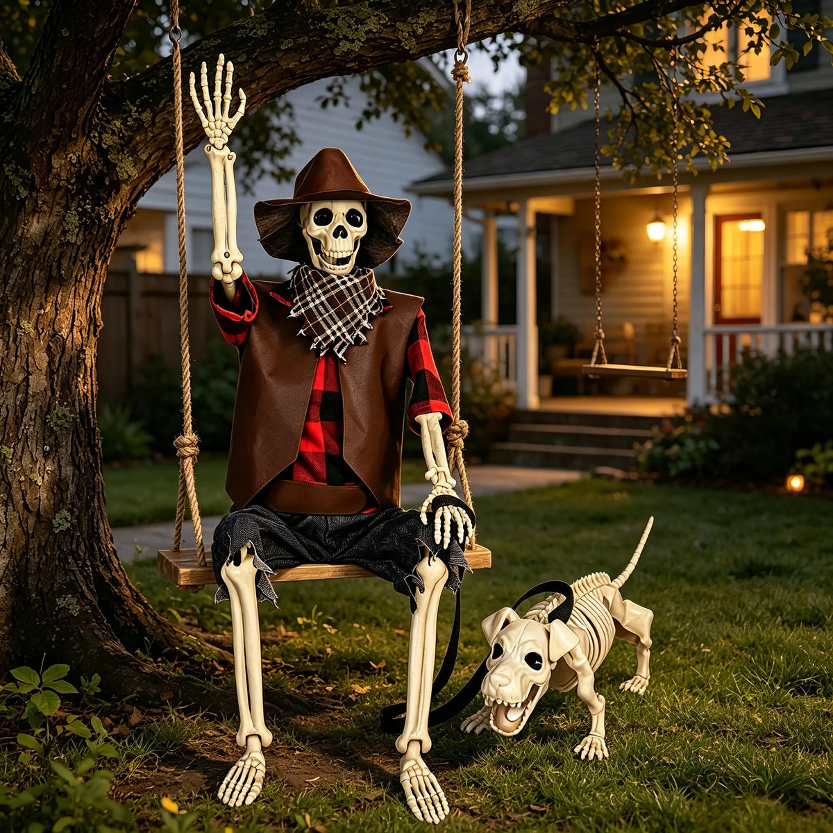 Posable Cowboy Skeleton And Dog Halloween Decorations