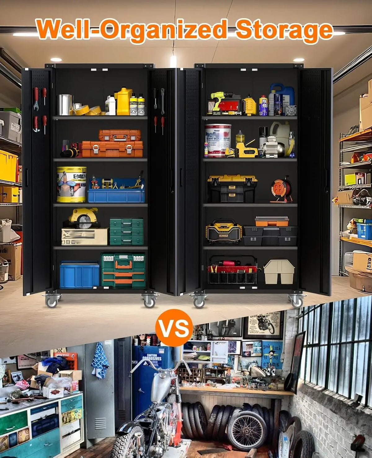 Heavy-Duty Metal Storage Cabinet with Wheels 72Inch Lockable Garage Cabinet with 4 Adjustable Shelves & Pegboard 600 lb Capacity, Magnetic Lock for Home, Garage, Office