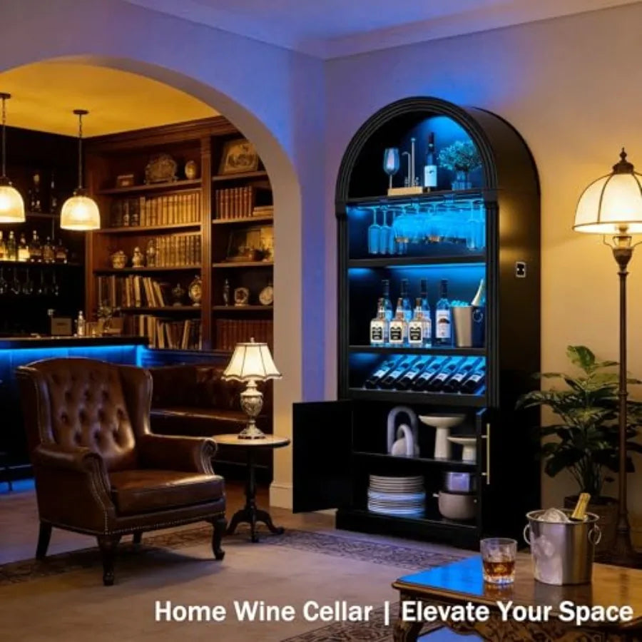 Arched Wine Bar Cabinet With LED Lighting And Wine Rack