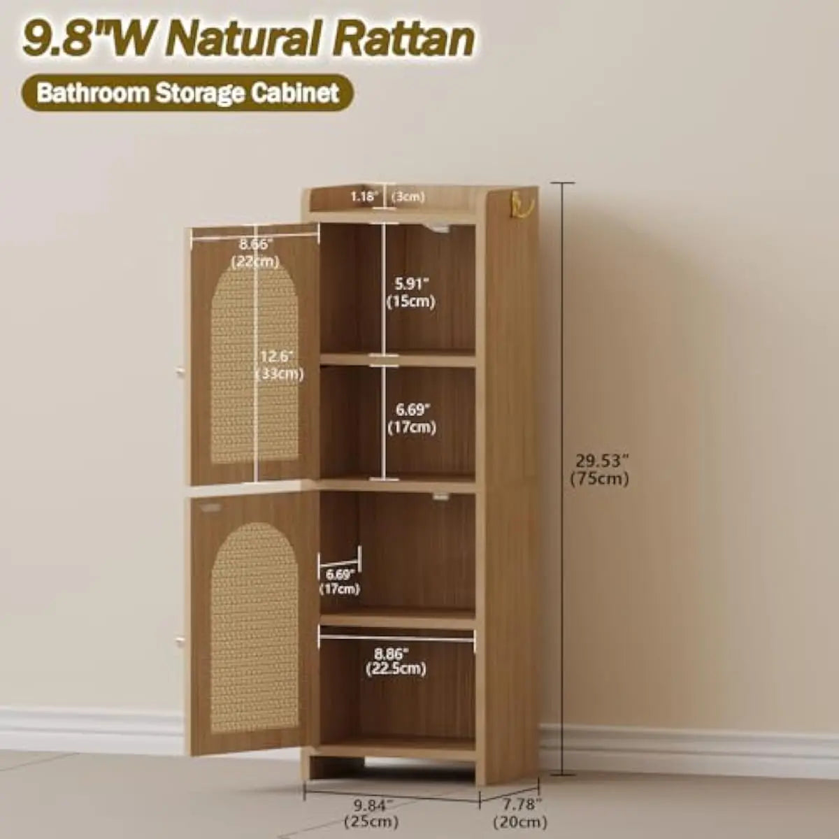 Rattan Clad Compact Bathroom Cabinet With Dual Doors