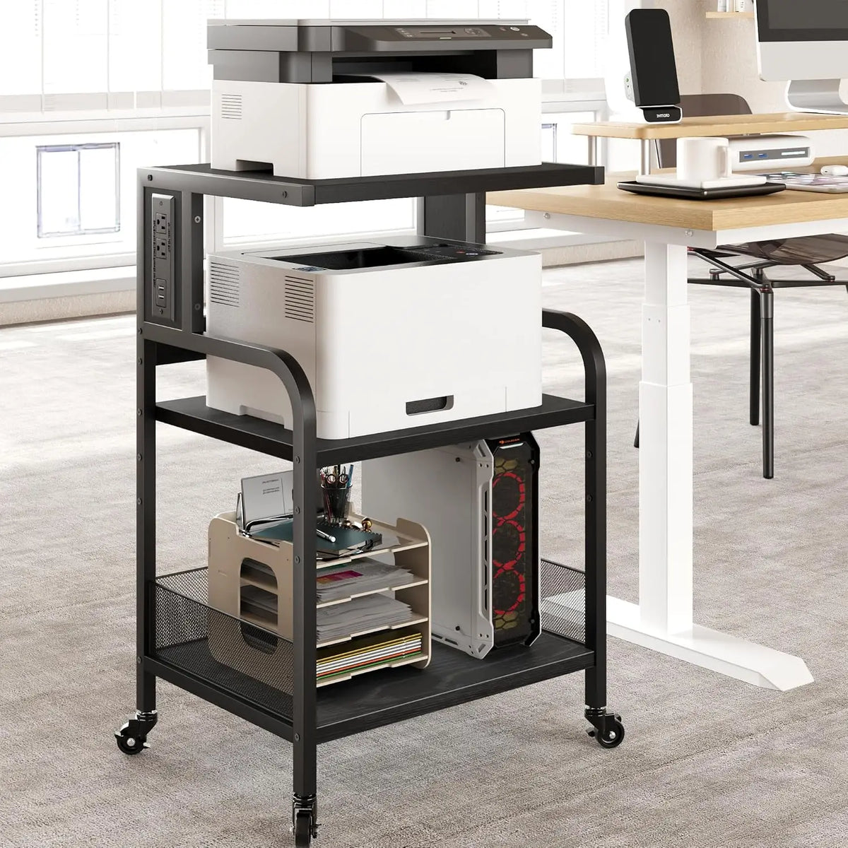 3-Tier Mobile CPU Stand Printer Shelf Removable Adjustable Storage Shelf with Rolling For Desktop Computer Tower Printer Strong Load Capacity
