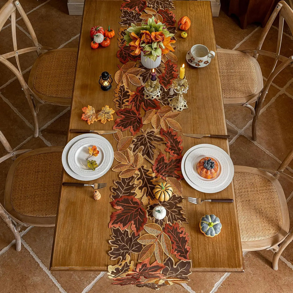 Thanksgiving Fall Embroidered Maple Leaf Table Runner