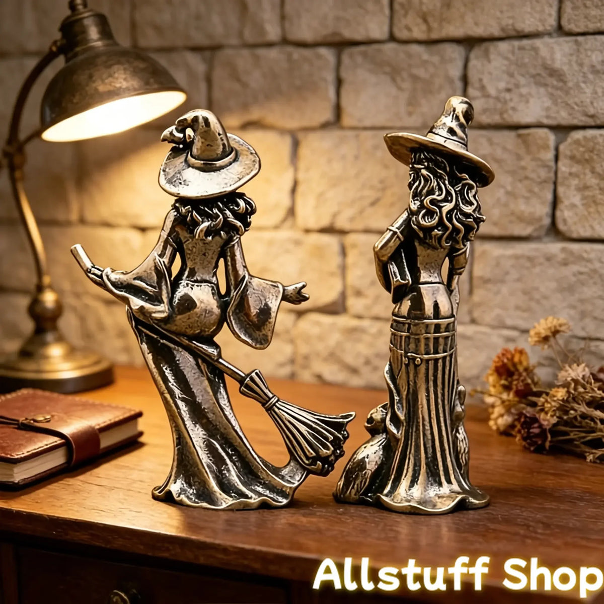 Gothic Witch Sculpted Figurine Pair With Bat Pattern Hats