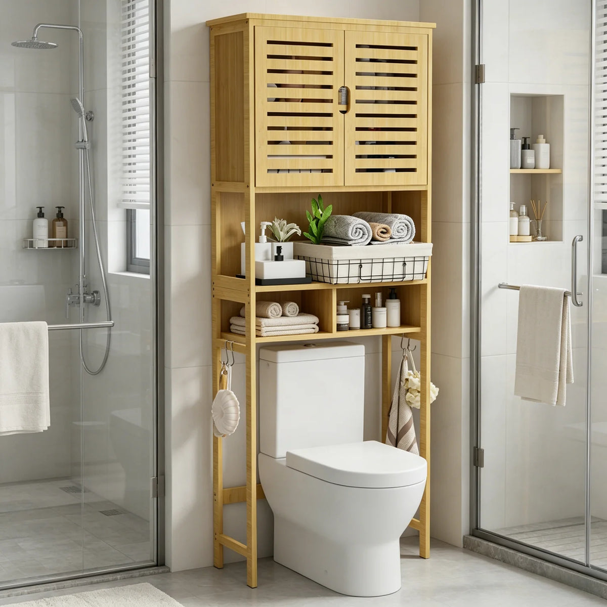 Natural Bamboo Three Tier Over The Toilet Bathroom Rack