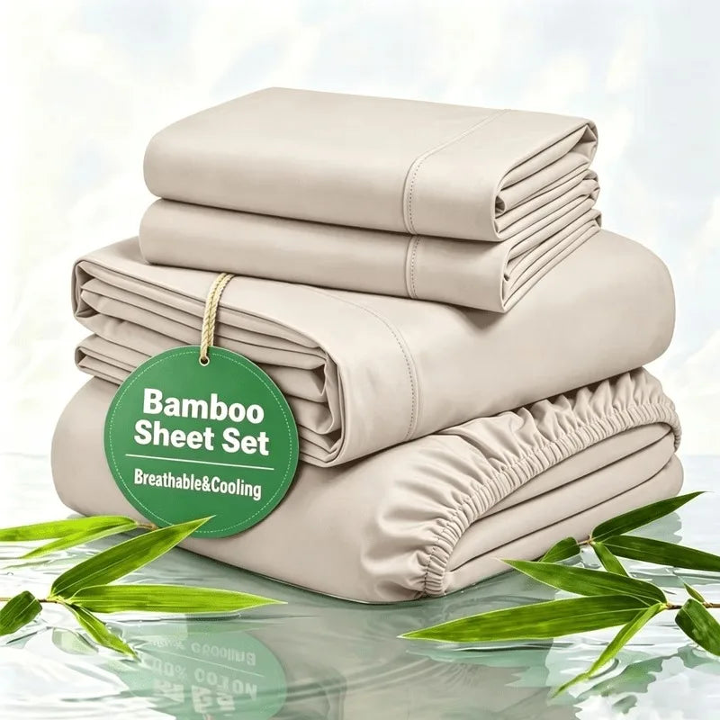 Cooling Bamboo Rayon Bed Sheet Set for Hot Sleepers, 2200 Thread Count Ultra Soft Silky Moisture Wicking Bedding Set, Deep Pocket Fitted Sheet Wrinkle & Fade Resistant Sheets with Pillowcases, Multiple Colors, Available in Tw