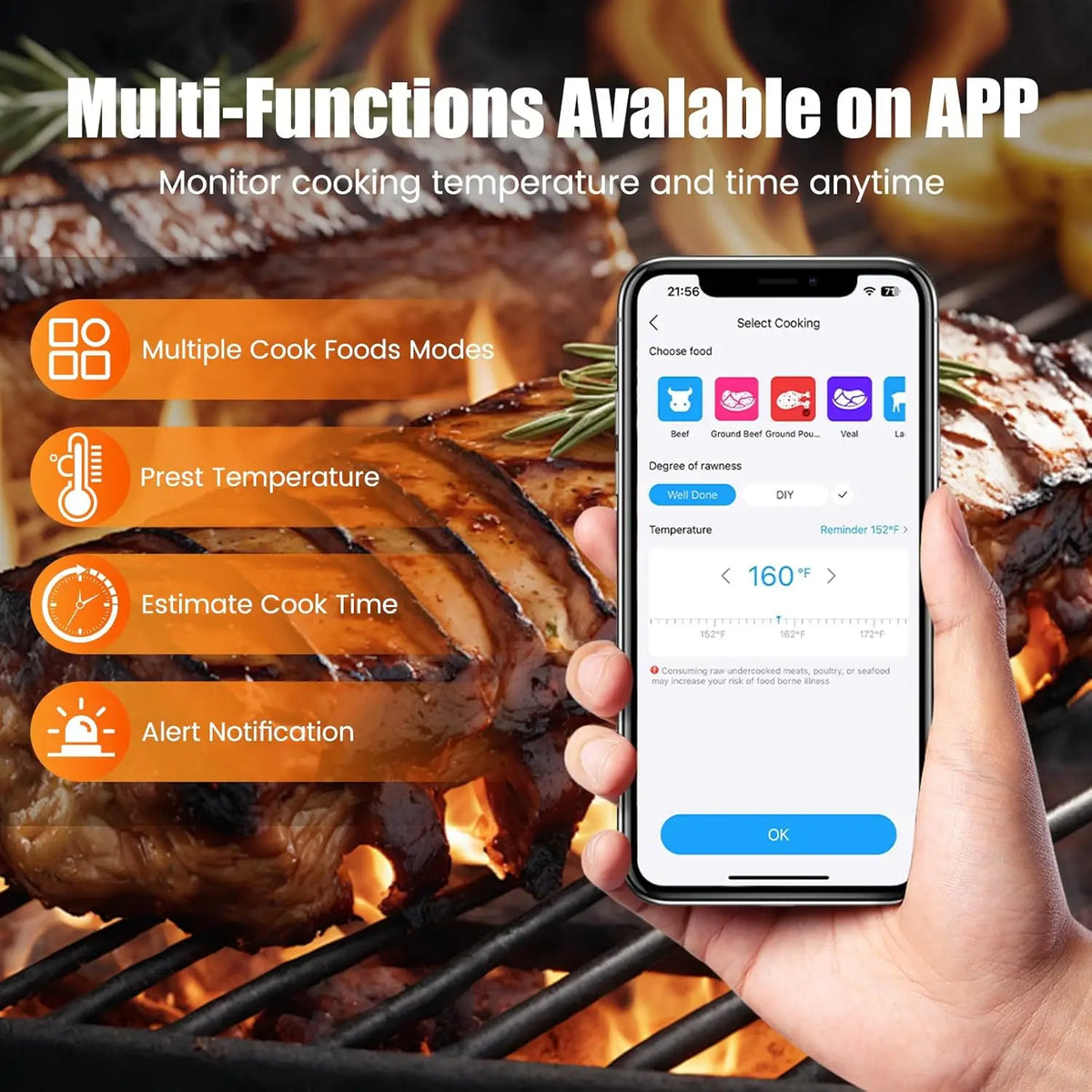 Wireless Smart Meat Thermometer for BBQ and Oven Cooking