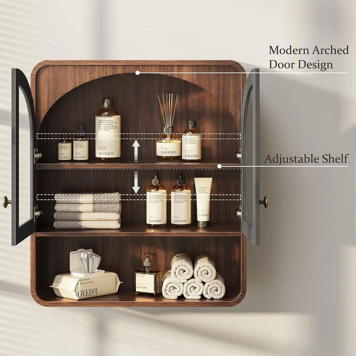 Bathroom Wall Cabinet, Medicine Cabinet Wall Mount with Arched Glass Doors & Adjustable Shelf, Bathroom Cabinet Over the Toilet Storage Cabinet for Laundry Room, Kitchen, Living Room