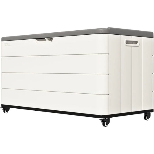 Outdoor deck box for patio storage, waterproof resin material, gray color, 110-gallon capacity with wheels for easy mobility