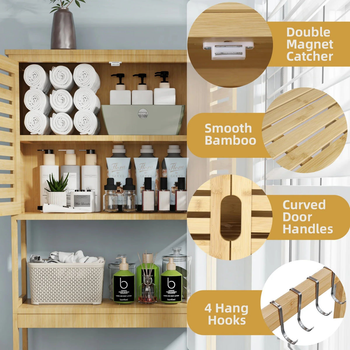 Natural Bamboo Three Tier Over The Toilet Bathroom Rack