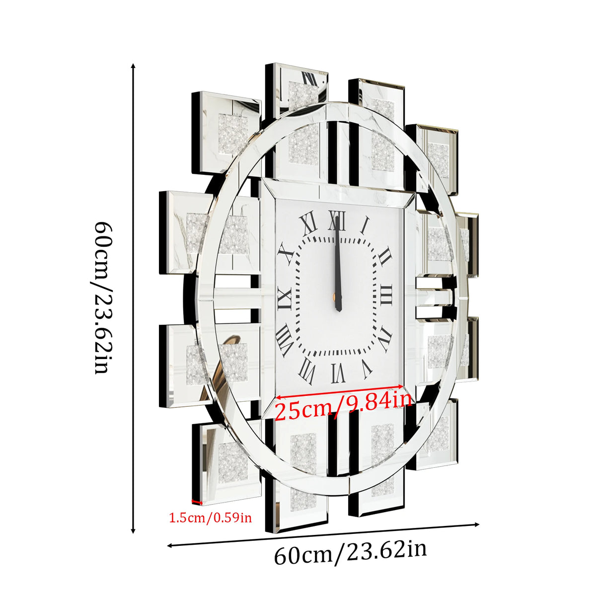 Irregular Crush Diamond Mirrored Quartz Wall Clock With Roman Numerals