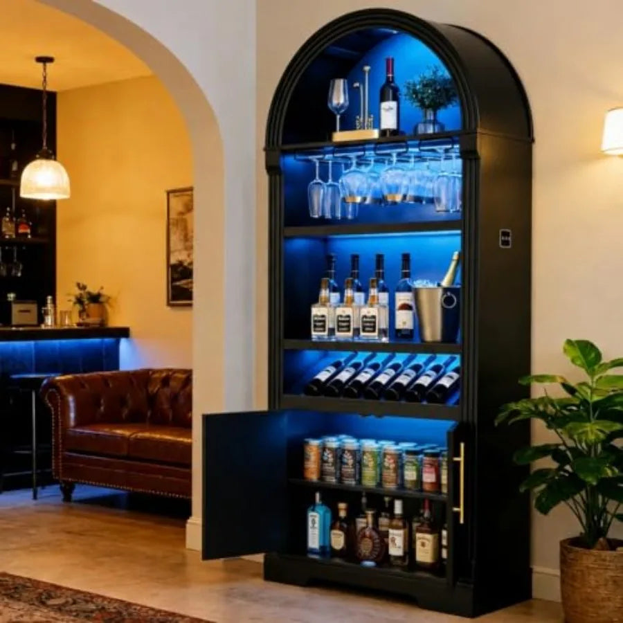 Arched Wine Bar Cabinet With LED Lighting And Wine Rack