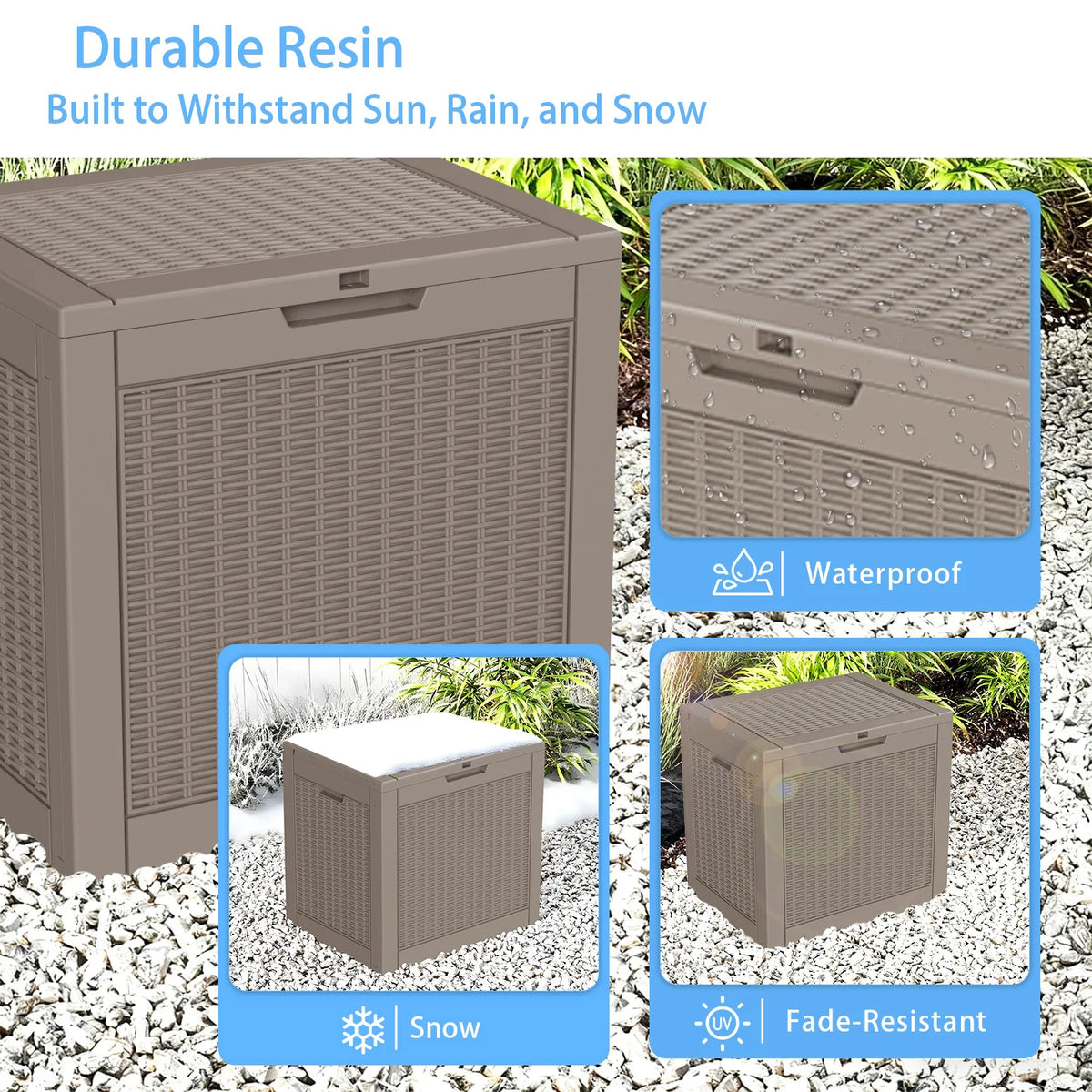 30 GAL Outdoor Deck Storage Box, Wicker Pattern Resin Patio Bin for Small Tools & Accessories