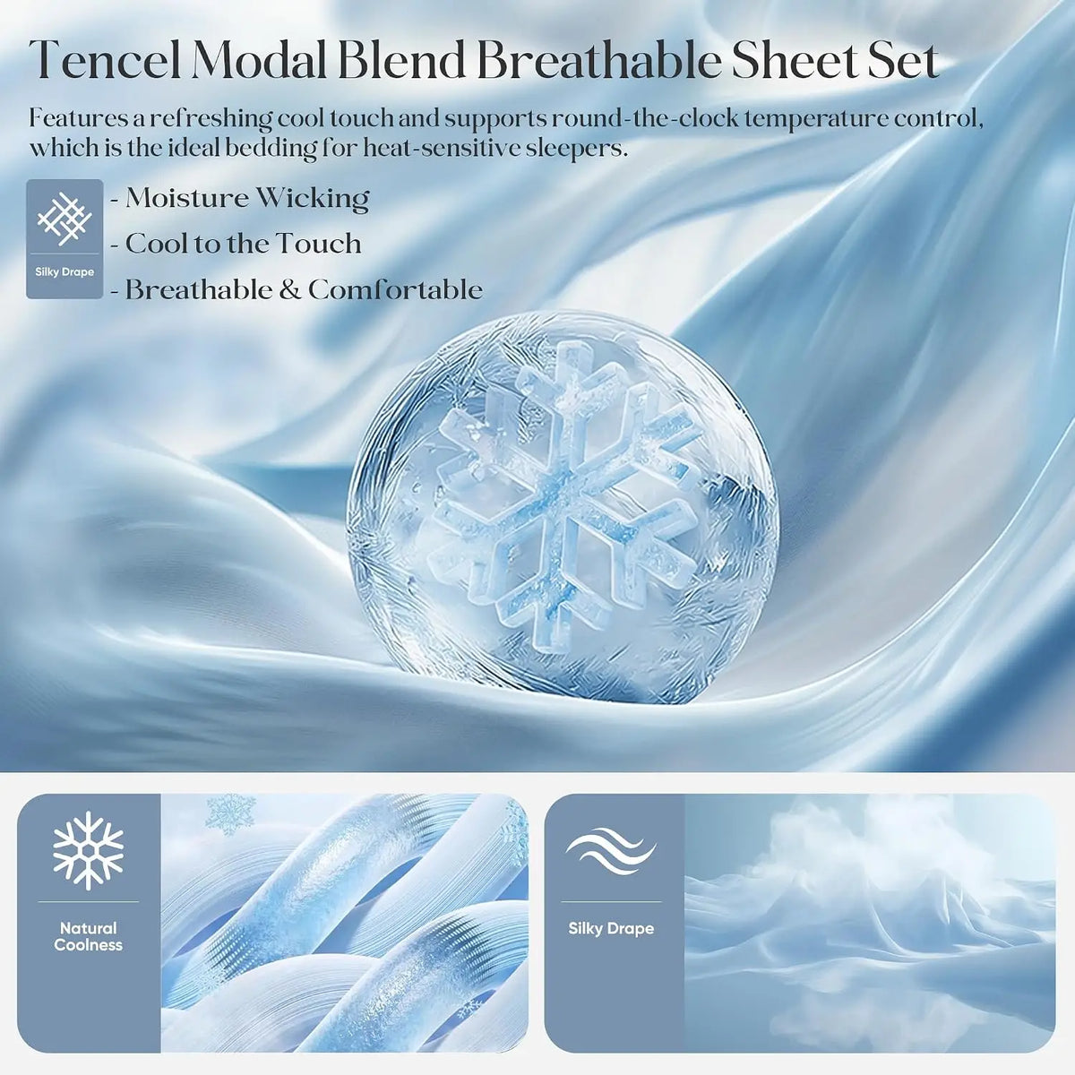 Silver Infused Bed Sheets Set, Cooling Tencel Modal Sheet with Self-Cleaning Technology for 3X Freshness Sleep, Hypoallergenic & Breathable Sheet Perfect for Hot Sleepers (LightBlue, King)