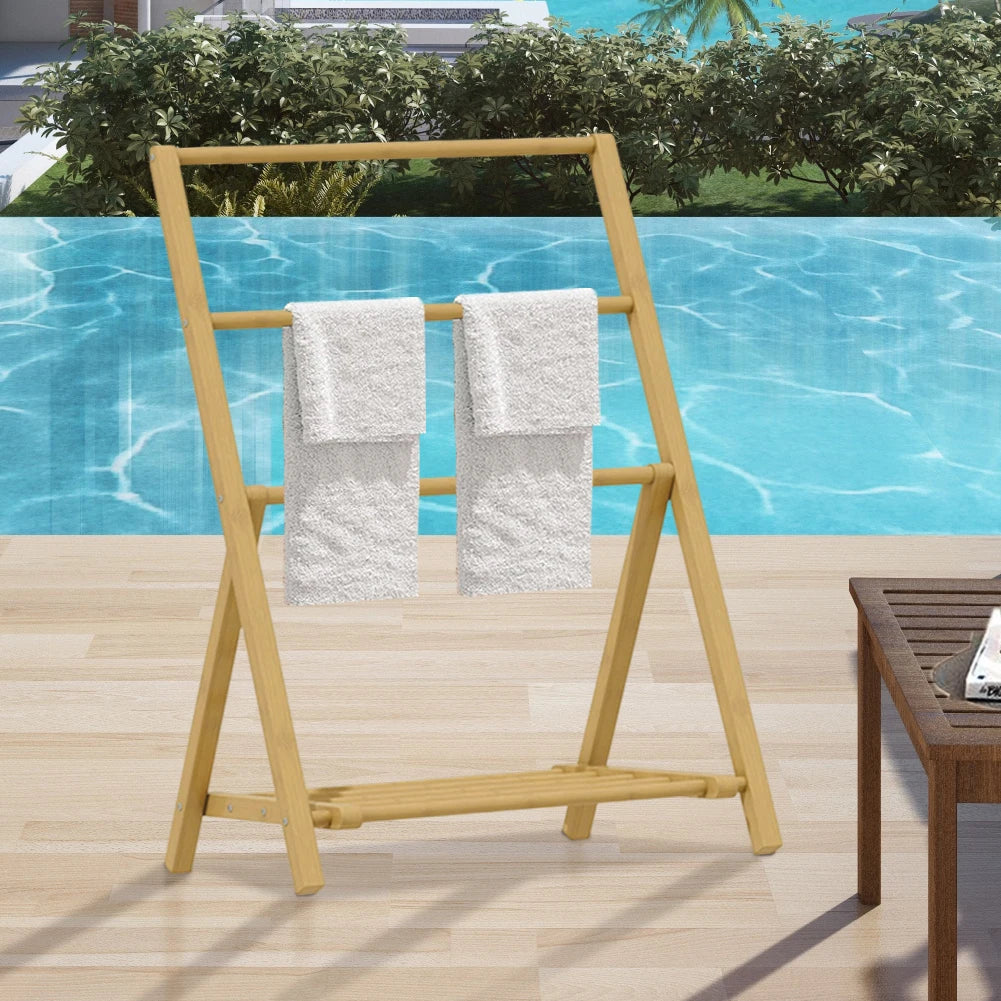 Bamboo Floor Towel Rack with Storage Shelf Freestanding Wood Hangers Towel Holder Organizer for Shower Bathtub Swimming Pool