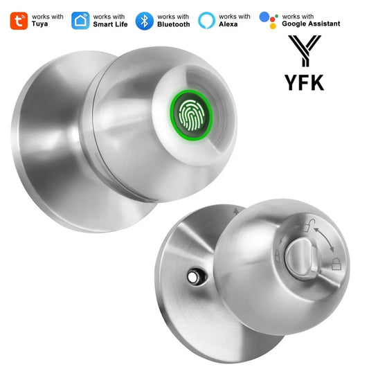 YFK TUYA Smart Life Fingerprint Door Lock Knob, Keyless Entry Bluetooth Electronic Door Lock with Tuya APP Control Password Key Unlock Auto Lock for Home Bedroom Office Hotel