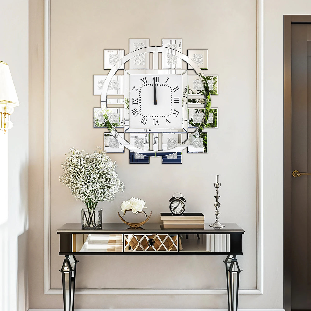 Irregular Crush Diamond Mirrored Quartz Wall Clock With Roman Numerals