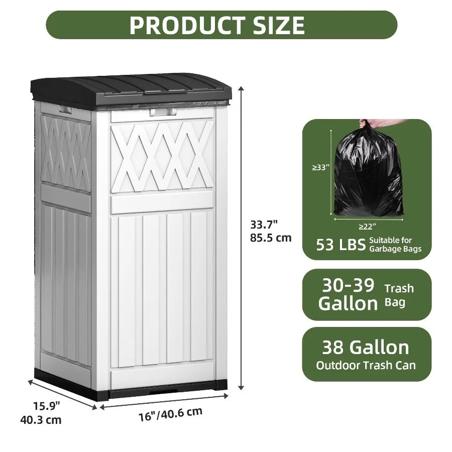 Uforic 31 Gallon Large Outdoor Trash Bin Waterproof Resin Garbage Can with Lid & Drip Tray Waste Containerf Porch Backyard White