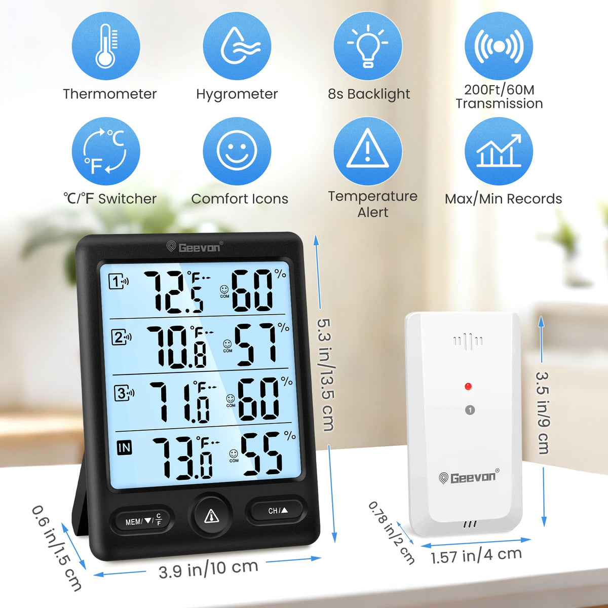 Geevon Wireless Indoor Outdoor Thermometer With Three Remote Sensors