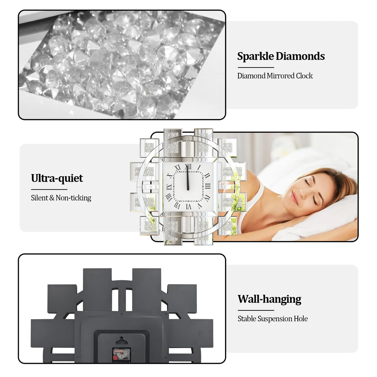 Irregular Crush Diamond Mirrored Quartz Wall Clock With Roman Numerals