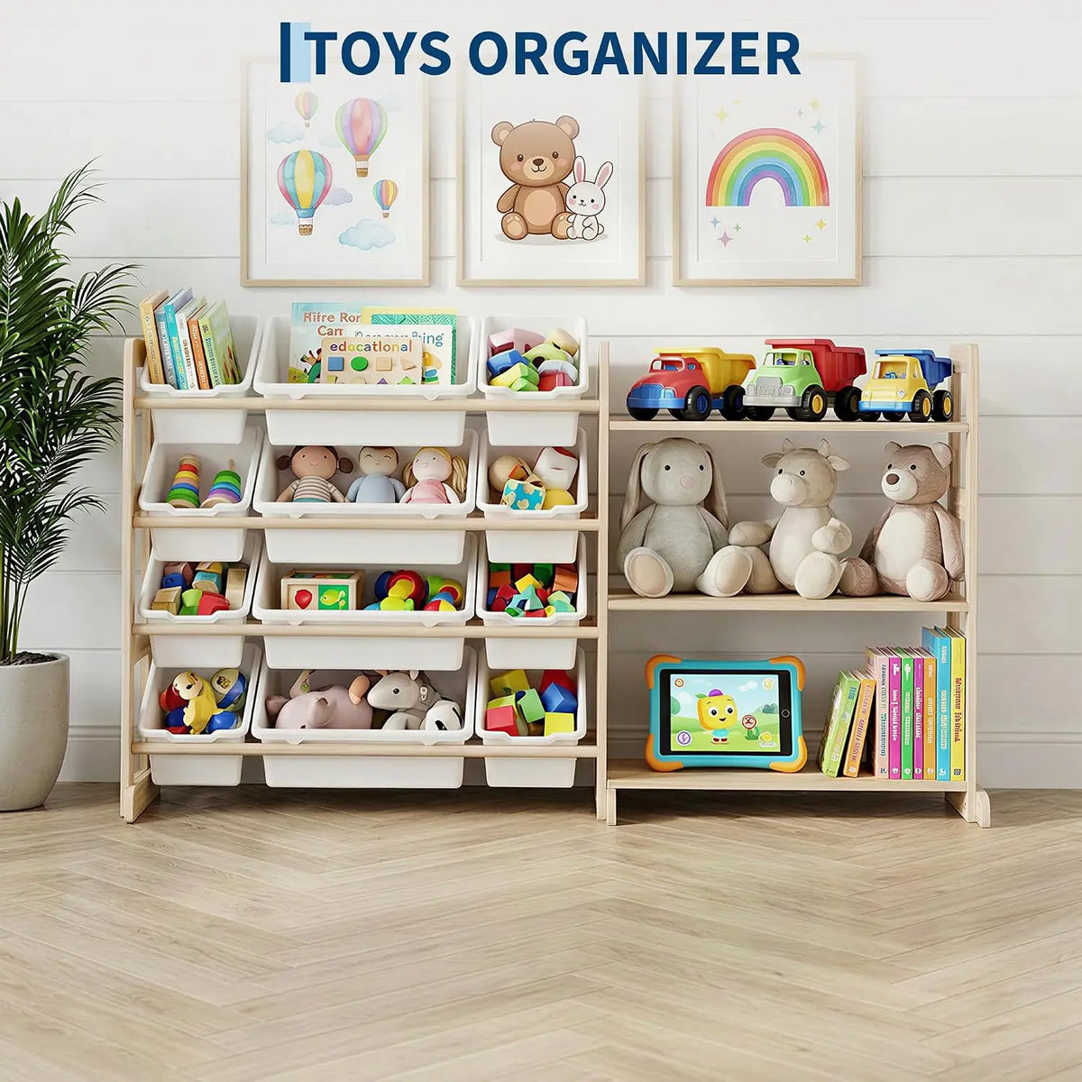 Garvee Toy Storage Organizer for Kids, 12 Bins with 3 Open Shelves, 56" Tall Wooden Bookshelf Display Rack, Solid Pine Natural Finish, Sturdy Toddler Room Shelf Unit for Playroom, Bedroom & Nursery